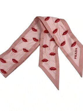 PRADA Printed silk twill skinny scarf 1FF008 Pink White Red Scarf
